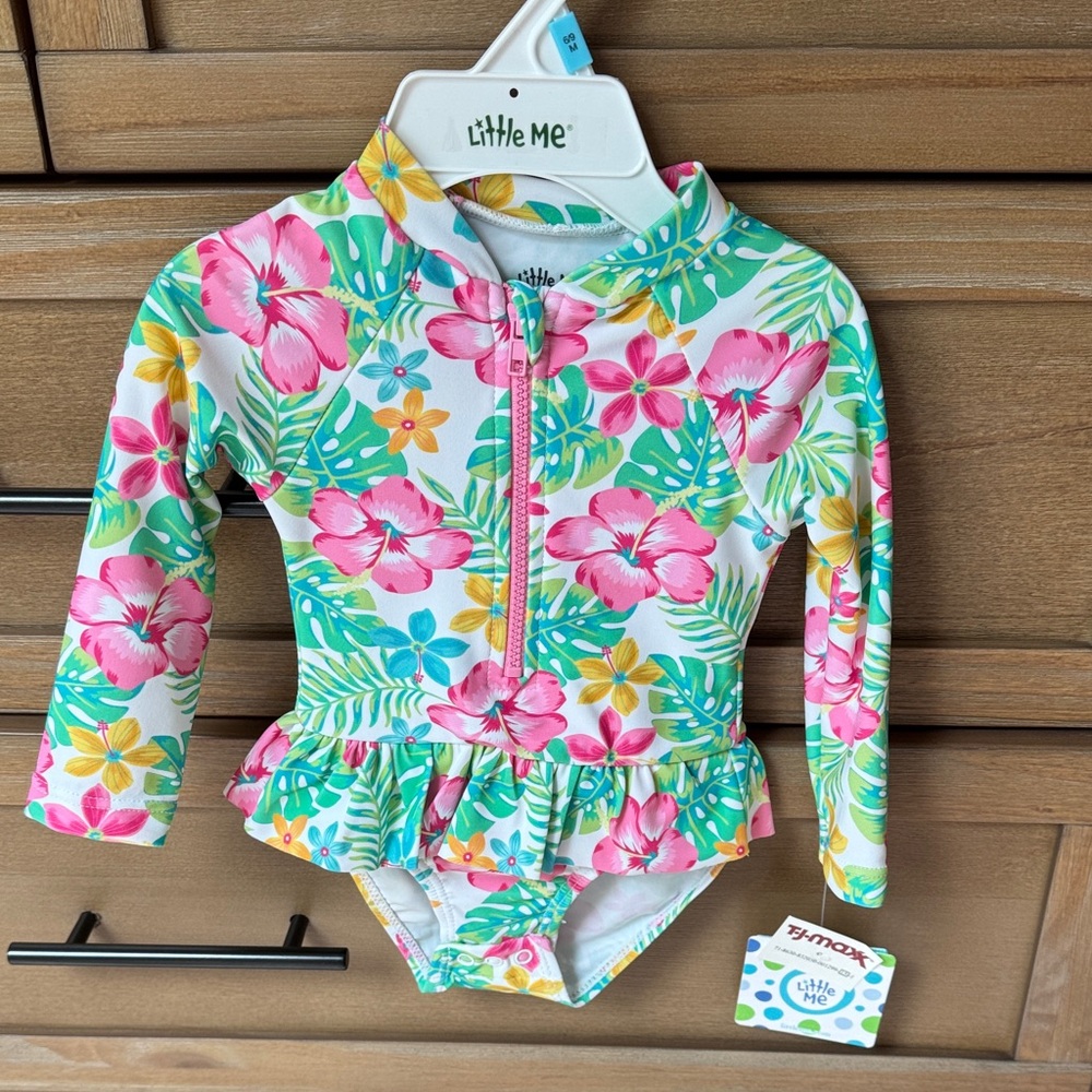 Little Me Pink and Green Floral Rashguard/Bathing Suit - NWT